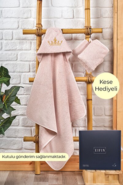 EIFIN Bambu Taç Nakışlı Özel Kutusunda Bebek Havlu Kundak Ve Kese Seti