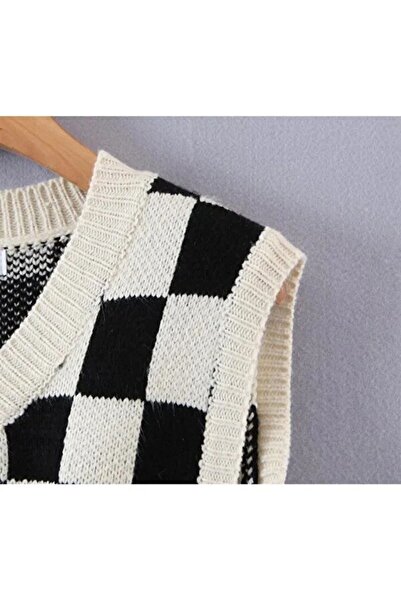 KNİTİCAL TEKSTİL Knitical Harajuku Siyah Beyaz Kareli Kare Desenli Oversize Unisex Süveter