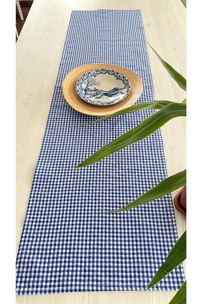 White Alamode Gingham Bleumarin Runner 40x140cm