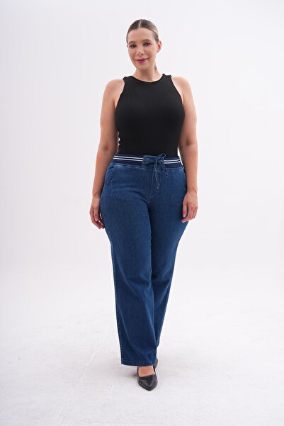 KÜBRA FASHİON Büyük Beden Koyu Mavi Salaş Kot Pantolon