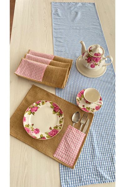 White Alamode Σετ σέρβις Gingham Blue Runner And Jut Pink American Service