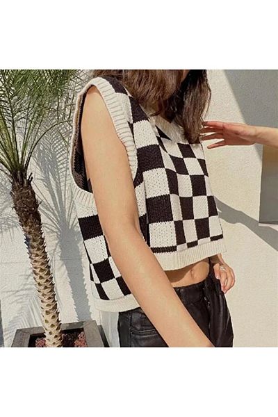 KNİTİCAL TEKSTİL Knitical Harajuku черен и бял кариран унисекс пуловер с квадратни шарки