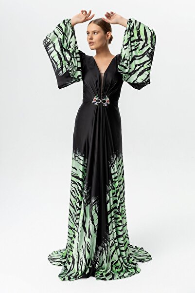 Sarı Etiket Rochie de seară cu centură de piatră cu decolteu în V cu model zebră