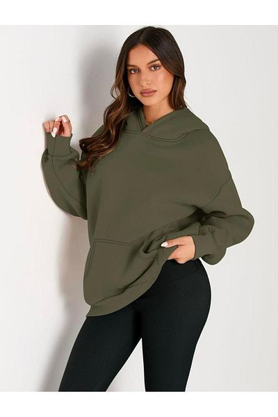 Mer's Unisex Khaki Oversize Hooded Sweatshirt - 3 Thread Raster Loose Loose Cut