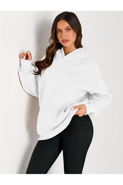Mer's Unisex White Oversize Sweatshirt - 3 Thread, Hooded, Loose and Thick Cut