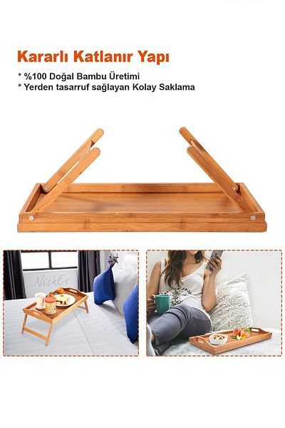 Nishev Large Size Portable Bamboo Breakfast Tea Serving Presentation Tray - With Folding Legs