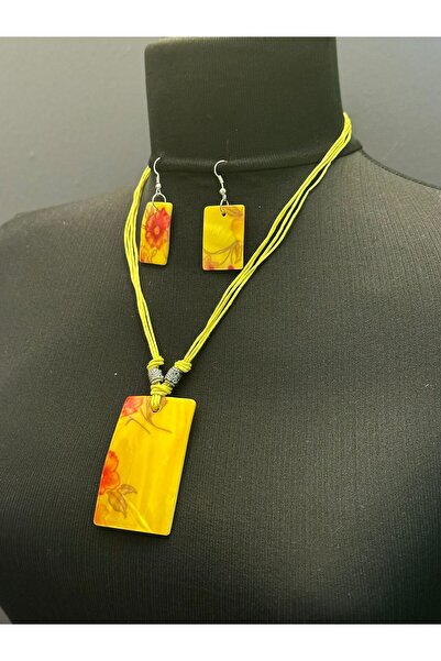 Gönülden Tasarım Hand Painted Floral Stone Women's Necklace Earring Set 23 cm