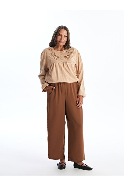 LC Waikiki Brown Elastic Waist Straight Wide Leg Women's Trousers