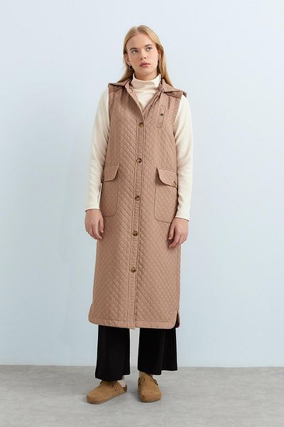 Nihan Mink Long Vest - Thin Quilted with Bag Pocket