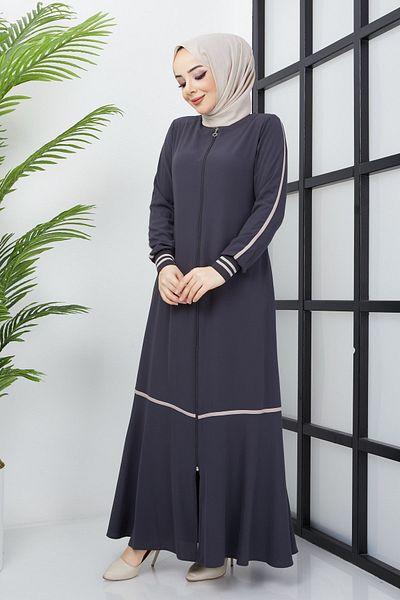 hafsamina Anthracite Abaya with Stripe Detail