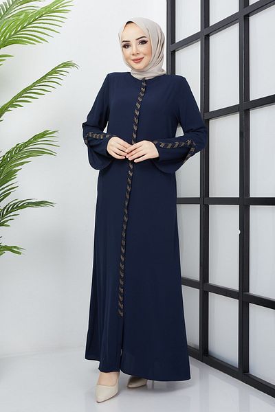hafsamina Large Size Navy Blue Abaya with Stone Detail