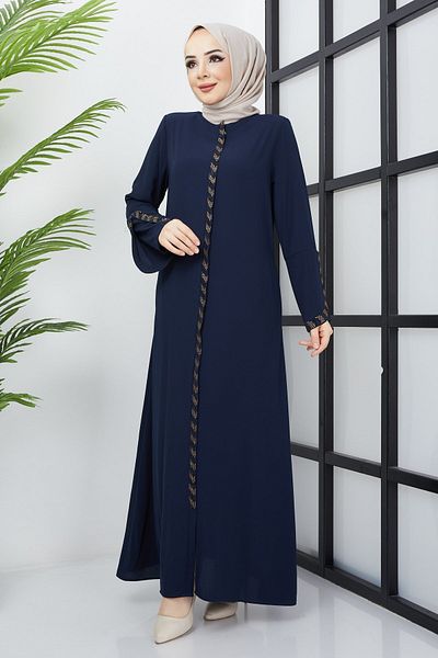 hafsamina Large Size Navy Blue Abaya with Stone Detail