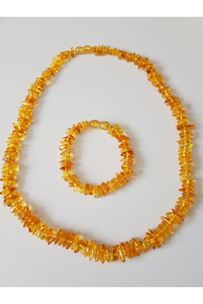 Kehribar Sarayı طقم قلادة وسوار للنساء البالغات بلون الليمون - قطرة من العنبر الباروكي