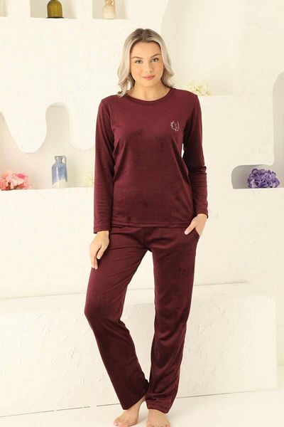 ALİMER Women's Velvet Pajamas Set - Imported Velvet Burgundy Embroidered Pocket 2598Uk