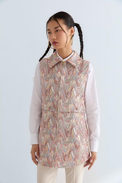 Nihan Beige Zippered Jacquard Vest