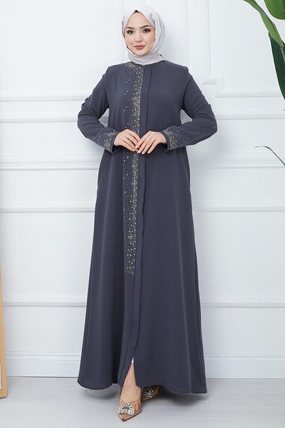 hafsamina Işıl Stone Detailed Large Size Ferace Smoked HM2351