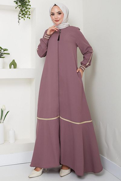 hafsamina Dusty Rose Stripe Detailed Ferace - HM2035