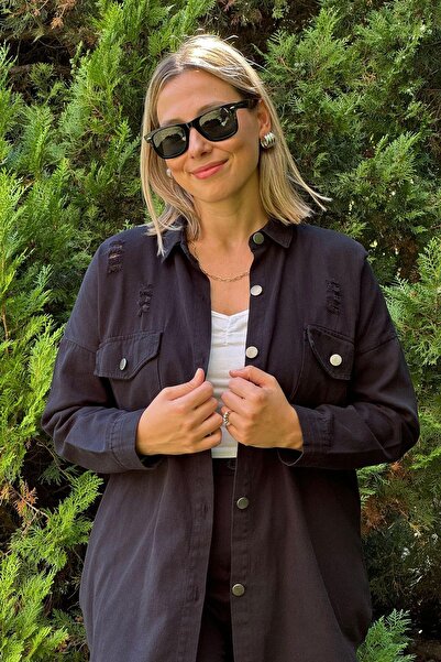 Kubos Moda Μπουφάν πουκάμισο από γαμπαρντίνα με χαλαρή εφαρμογή και σχισμένη ...