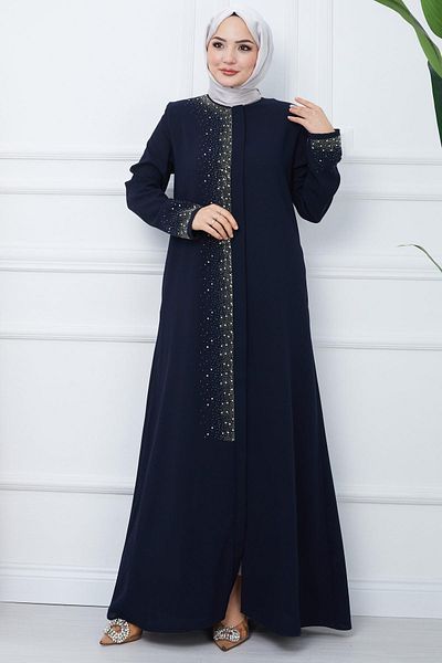 hafsamina Işıl Stone Detailed Large Size Ferace Navy Blue HM2351