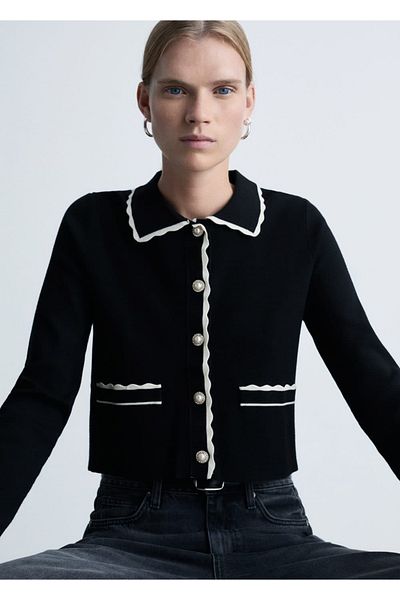 MANGO Woman Cardigan cu nasturi de piatră cu detalii de contrast