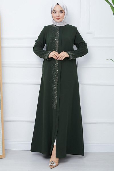 hafsamina Işıl Stone Detailed Large Size Ferace Khaki HM2351