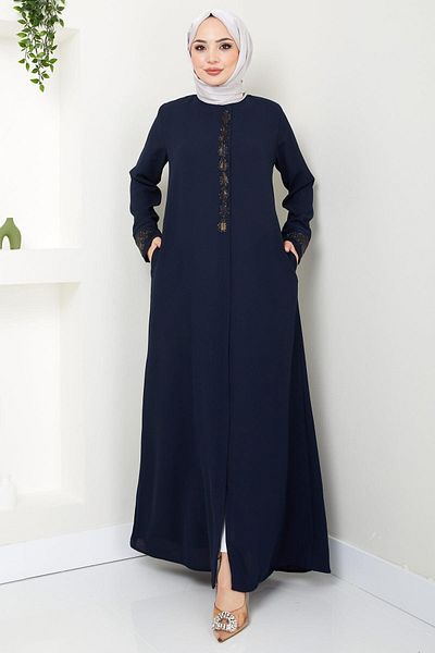 hafsamina Navy Blue Drop Stone Detailed Ferace - HM2435