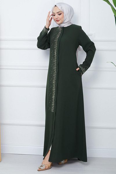 hafsamina Işıl Stone Detailed Large Size Ferace Khaki HM2351