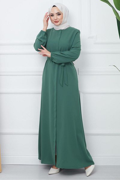 hafsamina Hidden Placket Belted Ferace Green HM2361