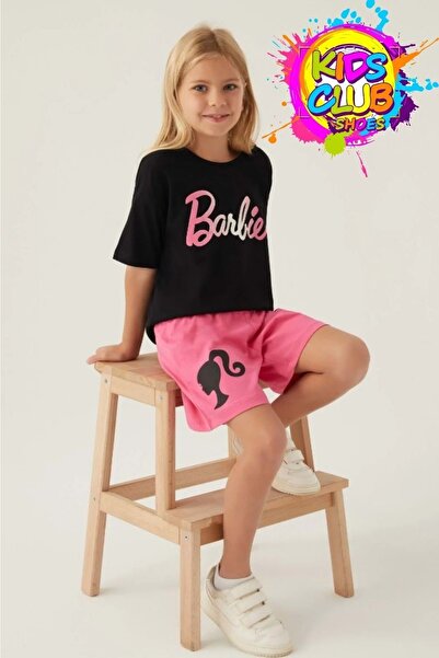 Barbie Lisanslı L1703 Patterned T-Shirt ve Şort Alt Üst Kız Çocuk Takımı SİYAH