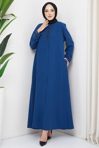 hafsamina Burma Stone Detailed Plus Size Abaya Indigo HM2310
