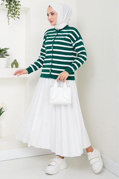 hafsamina Emerald Striped Short Knitwear Cardigan - Button Detailed Hm2515