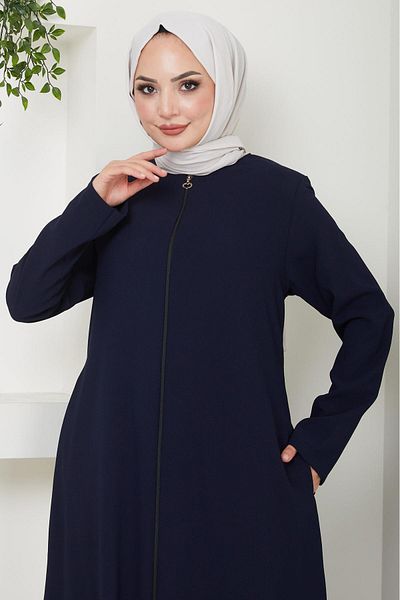 hafsamina Navy Blue Plus Size Ferace με φερμουάρ - HM2488
