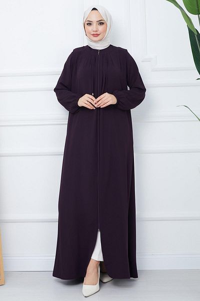 hafsamina Ferace Plum με πλισέ γιακά και δαντέλα HM2357