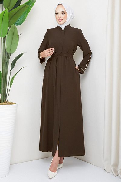 hafsamina Belted Hidden Placket Ferace Brown HM2178