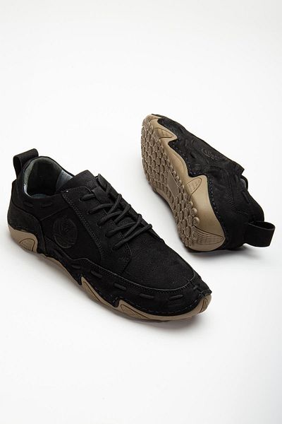Dilimler Ayakkabı Genuine Leather Nubuck Saddled Tied Black Men's Casual Shoes