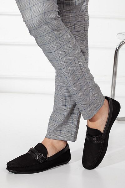 Dilimler Ayakkabı Men's Black Loafer - Genuine Leather and Nubuck Buckle Shoes