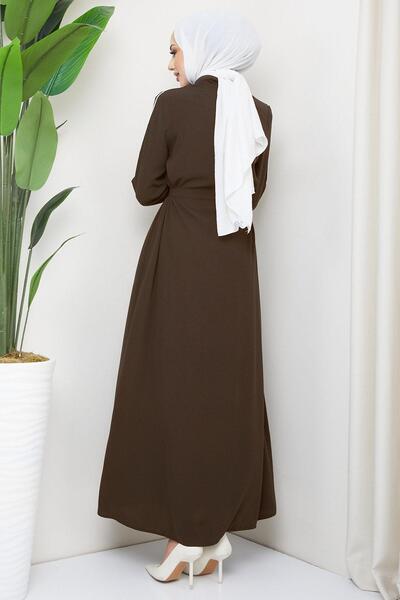 hafsamina Belted Hidden Placket Ferace Brown HM2178