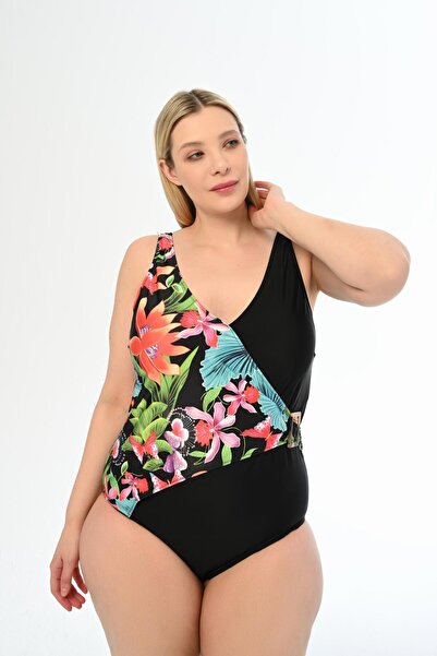AQUAVİVA Aquaviva Black Wind Rose Large Size Double Breasted Swimsuit - Martina Patterned