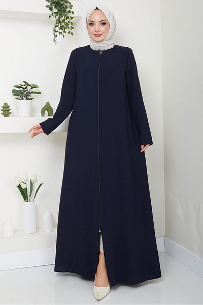 hafsamina Navy Blue Plus Size Ferace με φερμουάρ - HM2488
