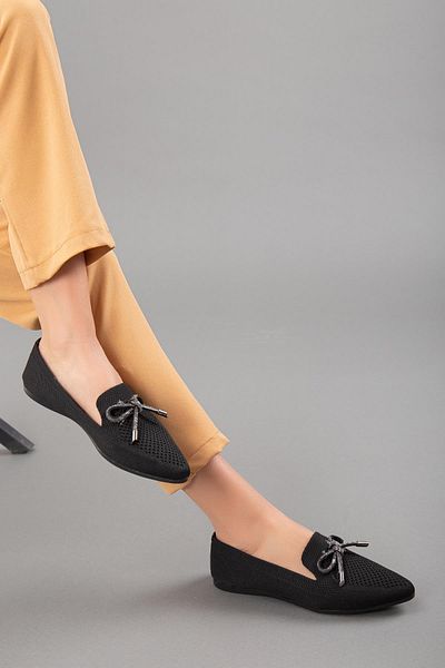 Dilimler Ayakkabı Knitwear Stone Detailed Pointed Toe Black Women's Ballerinas