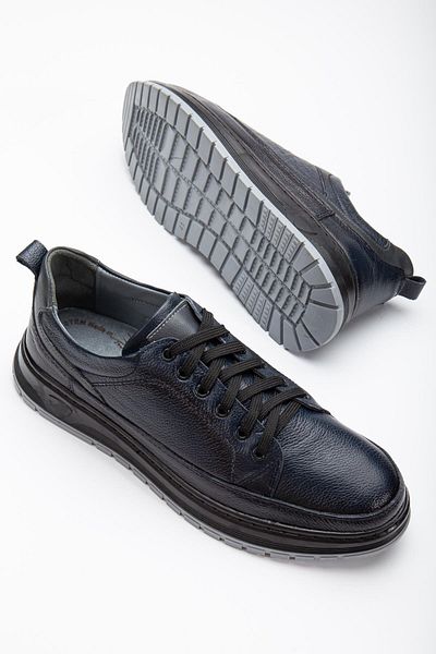 Dilimler Ayakkabı Genuine Leather Double Color Sole Laced Navy Blue Men's Casual Shoes