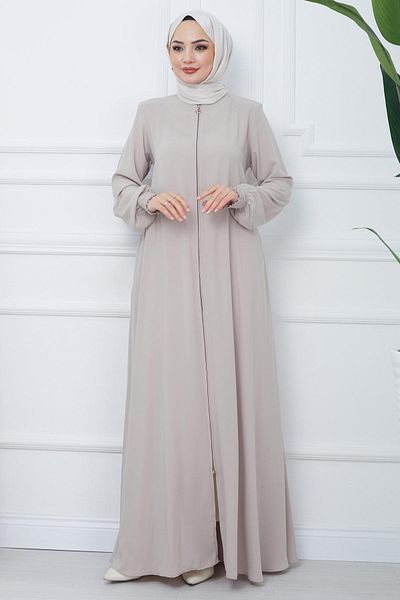 hafsamina Mevlana Ferace Beige with Gipe Detail on the Arms HM2031