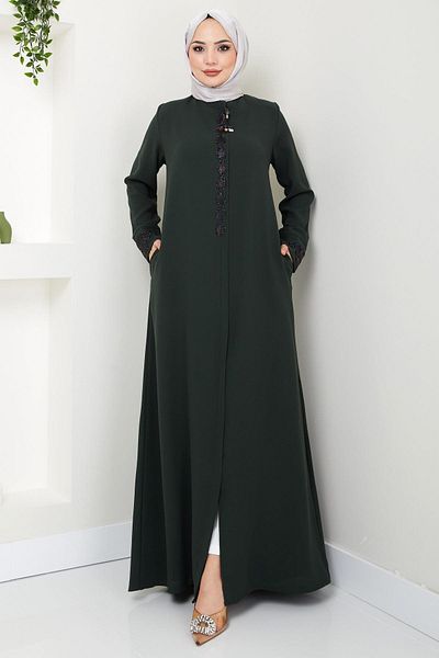 hafsamina Khaki Drop Stone Detailed Ferace - HM2435