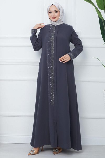 hafsamina Işıl Stone Detailed Large Size Ferace Smoked HM2351