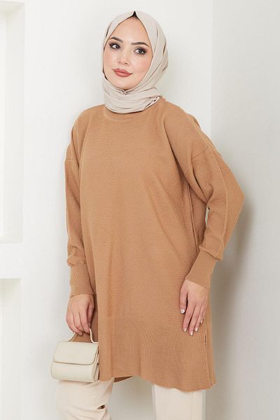 hafsamina Camel Crew Neck Slit Knitwear Tunic - Hm2533
