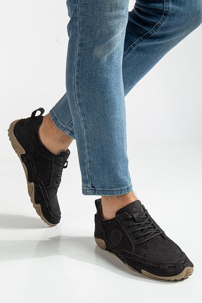 Dilimler Ayakkabı Genuine Leather Nubuck Saddled Tied Black Men's Casual Shoes