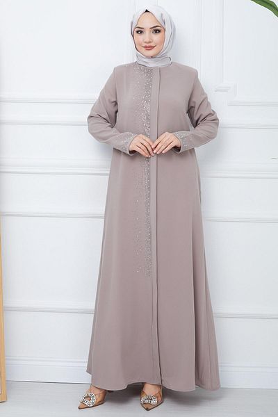 hafsamina Işıl Stone Detailed Large Size Ferace Beige HM2351