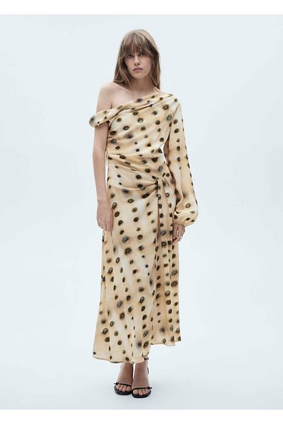 MANGO Woman Ασύμμετρο φόρεμα πουά