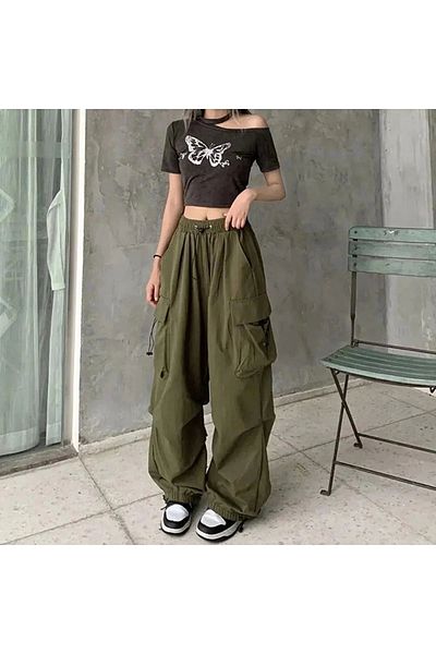 1blood Χακί Πράσινο Extreme Loose Fit Y2k Cargo Pocket Elastic Unisex Baggy