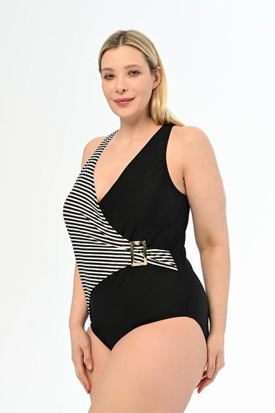 AQUAVİVA Aquaviva Large Size Black Striped Double Breasted Swimsuit - Martina